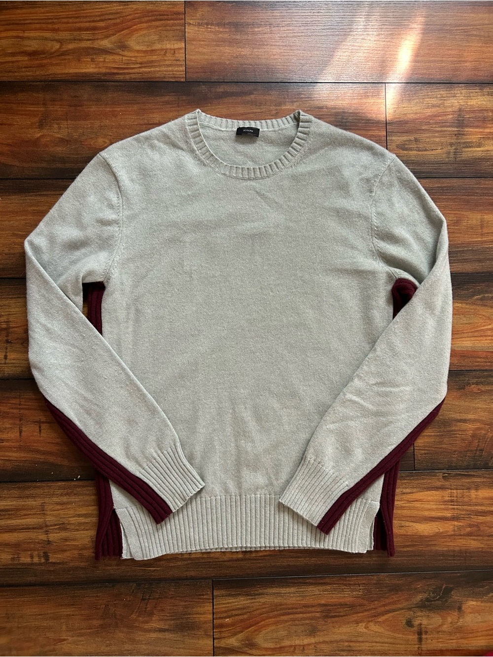 JOSEPH Cashmere Crewneck Sweater in Light Gray Blue with Burgundy Side Panels